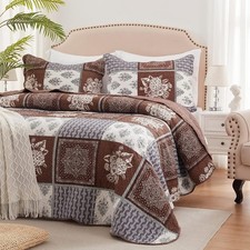 LEAONME 3 Pieces California King Size Quilt Set Brown Oversized 120x120 NEW