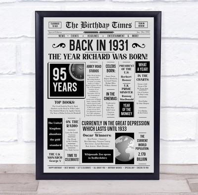 Born In 1931 Grey Newspaper Birthday Facts Any Year Any Age Personalised Print