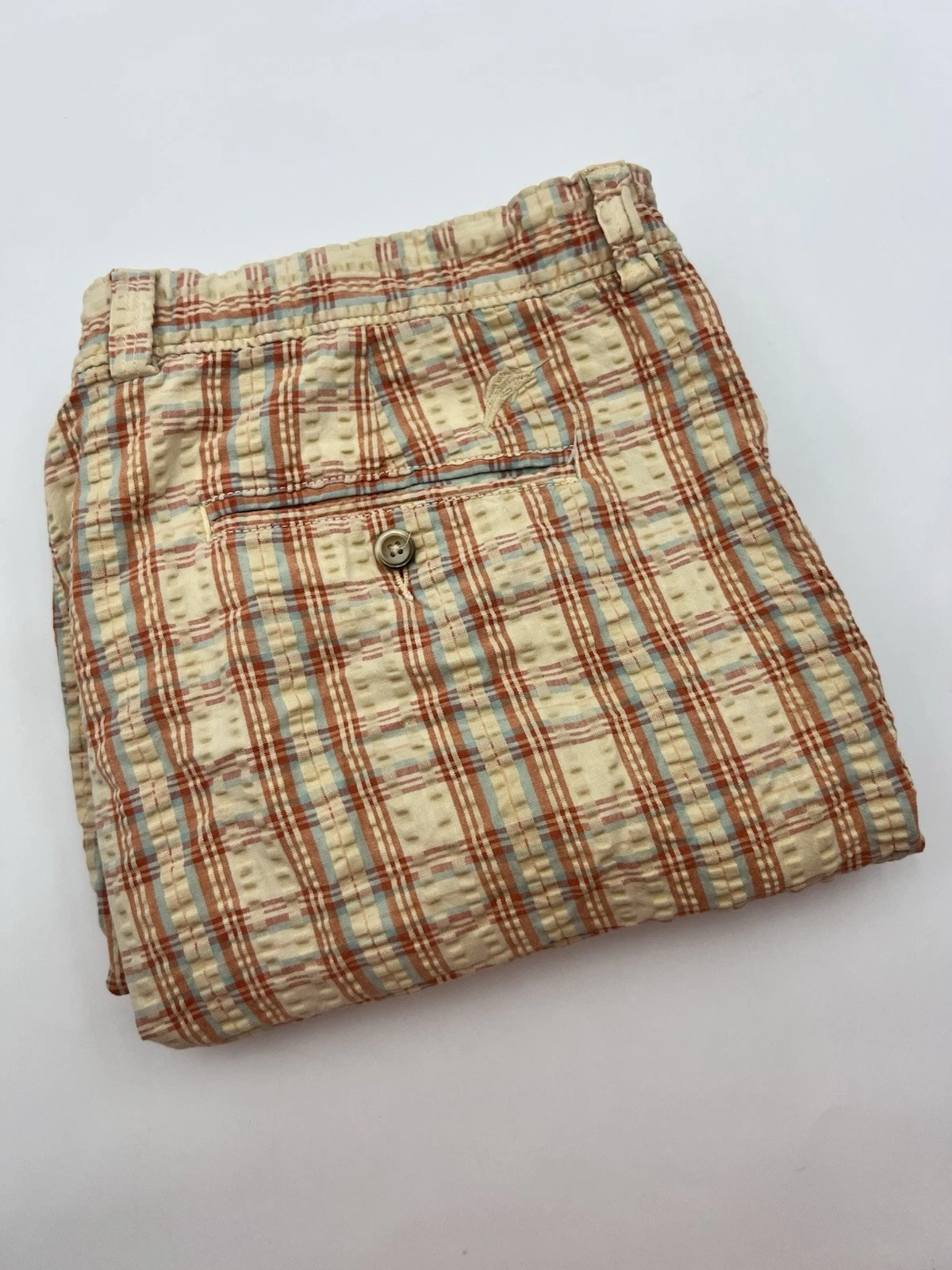 Tommy Bahama Shorts Men 40 Yellow Red Plaid Cotton Seersucker Golf Chino