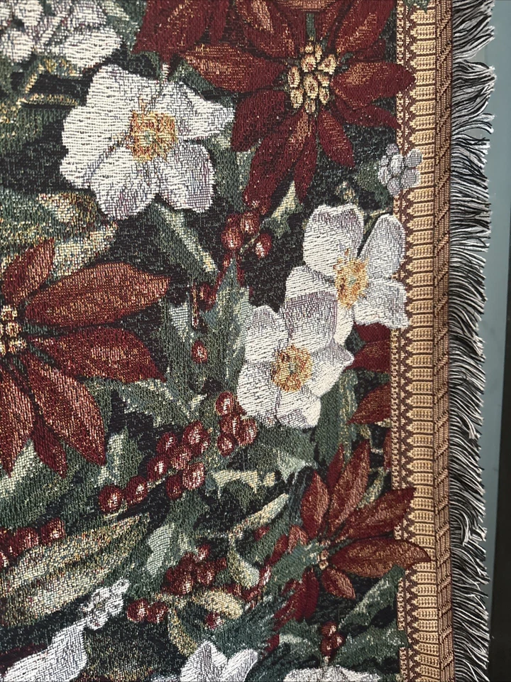 Vtg Poinsettia Tapestry Christmas Throw! 55” X 48” - Image 4 of 4