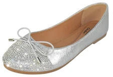 TOP MODA Women Rhinestone Ballet Flats Round Toe Sparkly Bow BONNIE-31 Silver