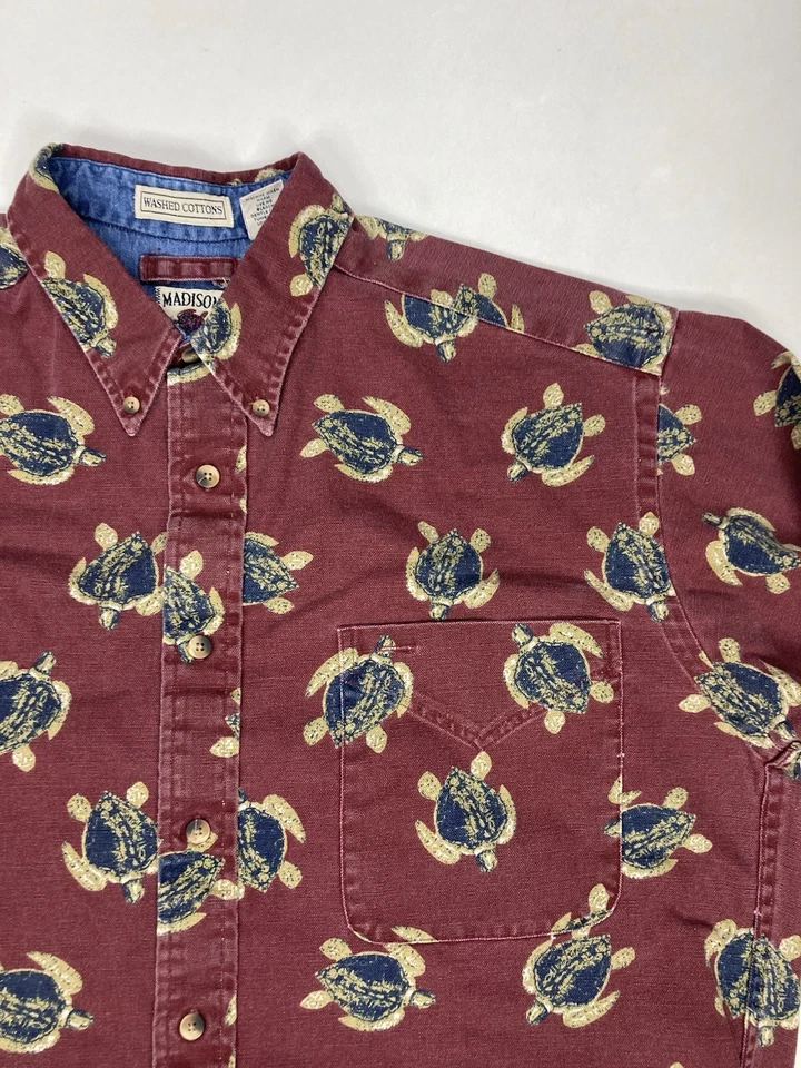 复古 Madison Trader Turtle 全印花衬衫男式大号红色长袖口袋 — 第 2/4 张图片