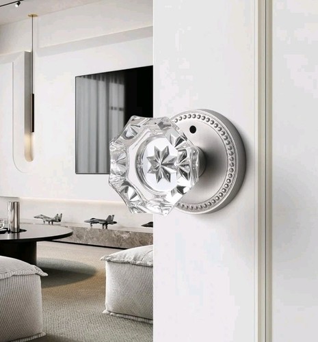1 Pack Satin Nickel Crystal Door Knob Interior Bed Bathroom, Glass, Zinc Alloy - Picture 3 of 7