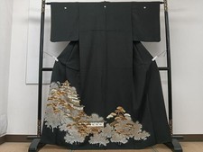 Japanese Kimono Luxurious Black Tomesode Piece Embroidery Famous Pine Gold C