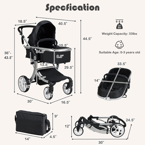 2-In-1 High Landscape Baby Stroller, Reversible Bassinet Reclining Stroller, Fol - Picture 7 of 9