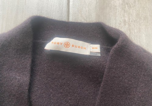Tory Burch Logo Button Cardigan Brown Size M 100% Merino Wool Pre-Owned - Picture 3 of 4