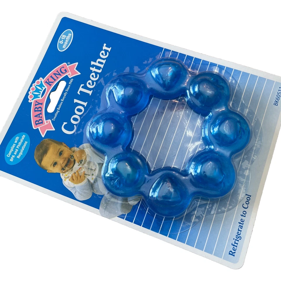 Anillo mordedor Baby King azul relleno de agua 0-18 meses juguete calmante para masticar sin BPA Foto 3 de 4