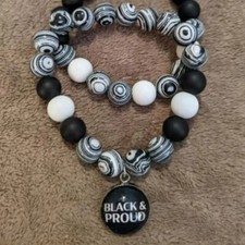 Juneteenth Agate Stretch Black  Proud Bracelet Unisex Set