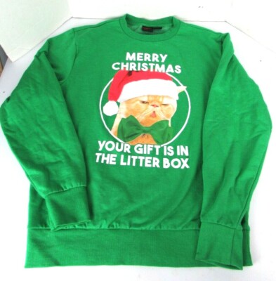 Green Santa Cat Sweatshirt Pullover Merry Christmas Angry Cat, Medium Gift, Mad