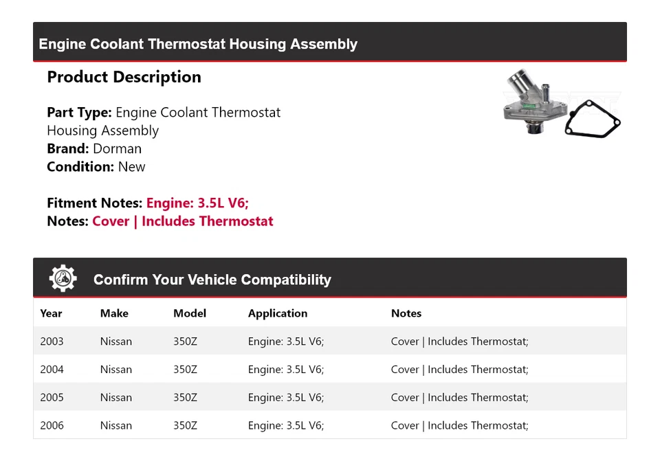 Conjunto de carcasa termostato Dorman 3,5 L V6 2003-2006 Nissan 350Z 2004 2005 Foto 2 de 4