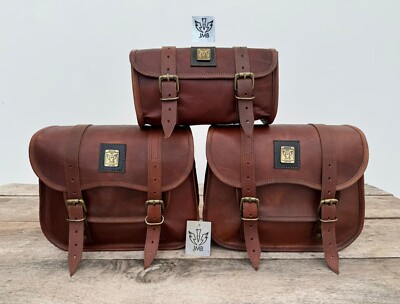 Brown Leather 3 Bags Panniers Saddle Bag Saddlebags Motorcycle Pouch JMB 2025