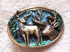 Rugged Great American Buckle Brass Enamel Deer Buck Belt Buckle Mt in Backgrou