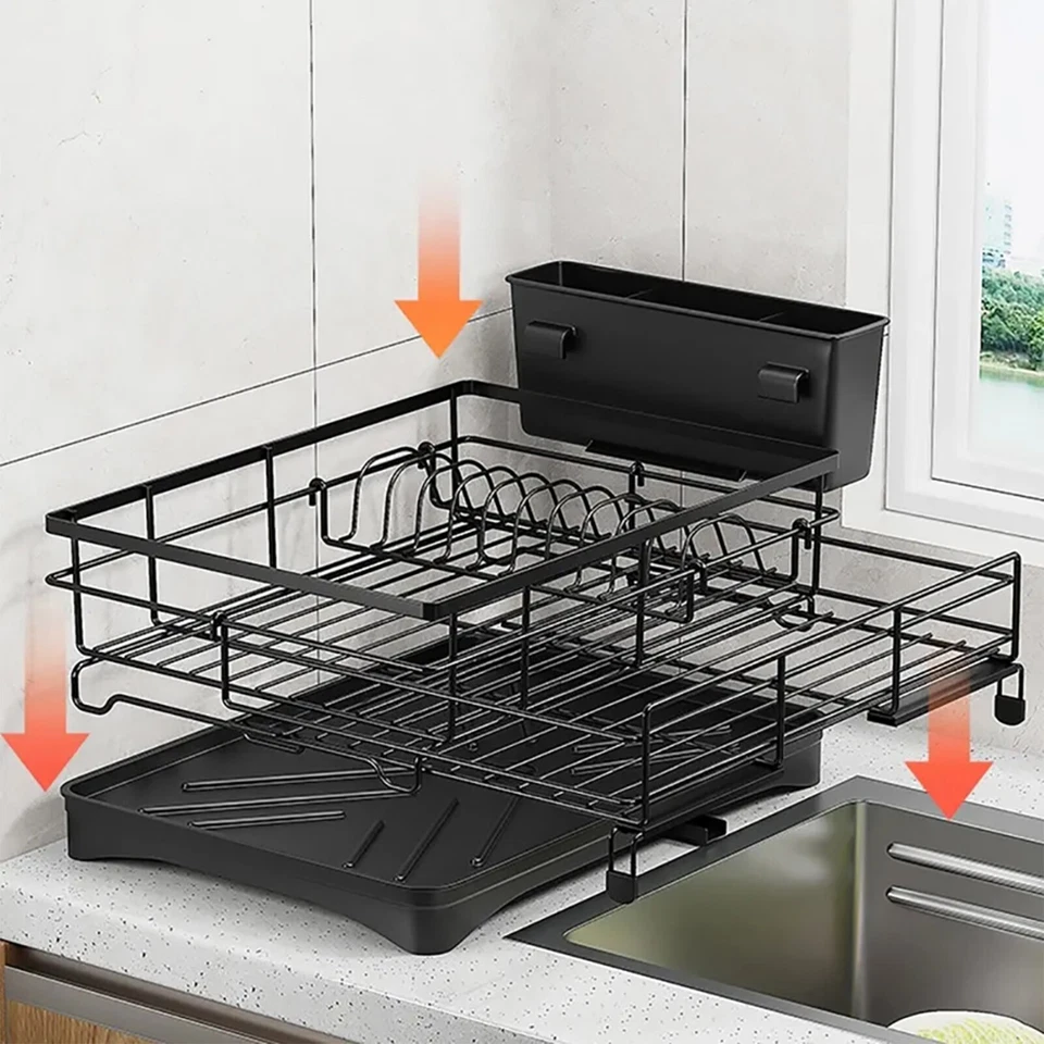 Expandable Drain Drying Rack Kitchen Dish Bowl Plate Holder Dry Organiser Black - image 2 of 4
