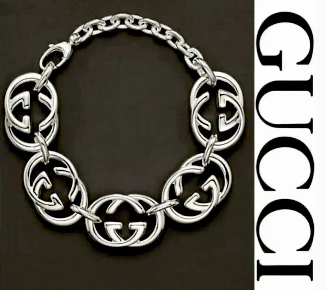NEUF Bracelet authentique GUCCI *BRITT* IMBRIQUÉ LOGO G 0,925 ARGENT STERLING IT 19