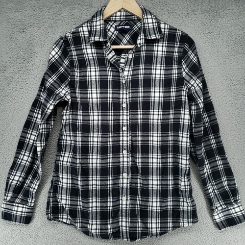 Lands End Womens 6 Black White Plaid Flannel Shirt Soft Cozy Button Down