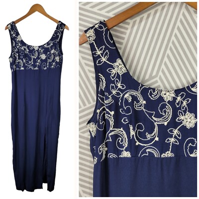 Vintage 90s Midi Dress size 4/6 floral Embroidered Navy Blue alt Party Slit