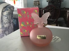 Vintage Enesco Pink Satern Glass Perfume Bottle w Butterfly Stopper Lid