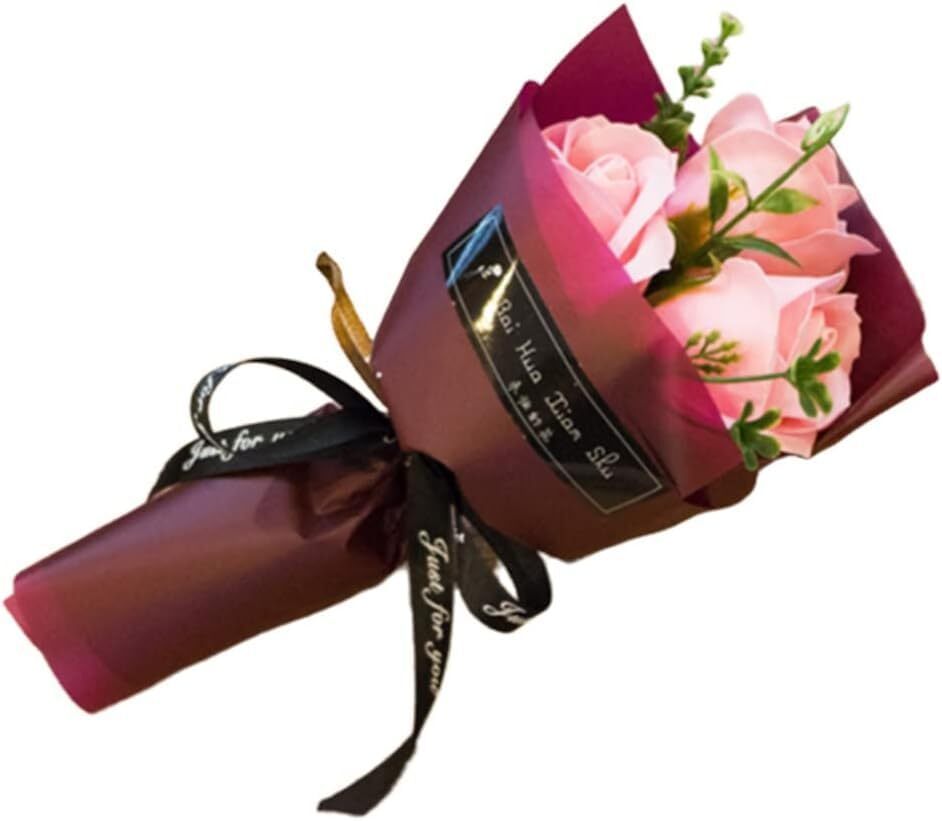 Pink lans 3 Heads Artificial Rose Bouquet Soap Flower Petals Valentine