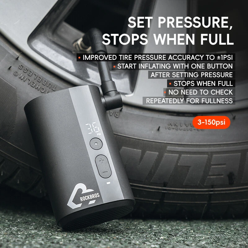 ROCKBRS Electric Bike Tire Pump 150PSI Mini Air Inflator Portable 5000mAh Type-C - Image 3 of 4