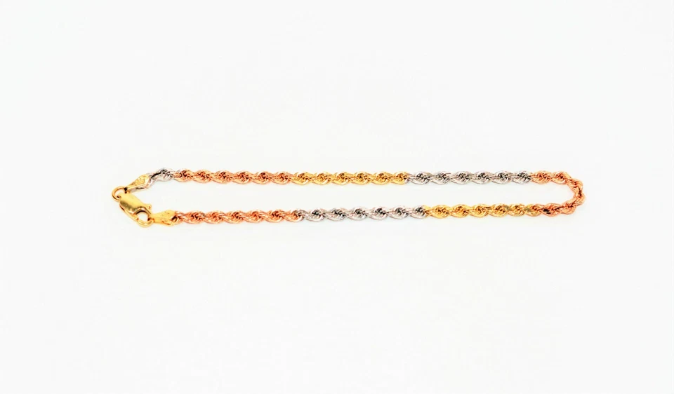 14K Solid Gold Tri Tone Gold Bracelet Twist Rope Bracelet Chain Bracelet Estate - Image 3 of 4