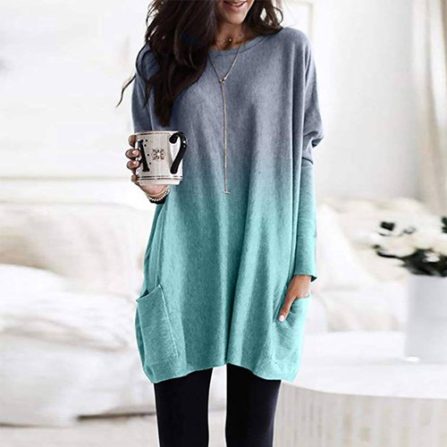 Plus Size Womens Gradient Baggy Tunic Tops Shirt Long Sleeve Blouse Pullover - Picture 9 of 30