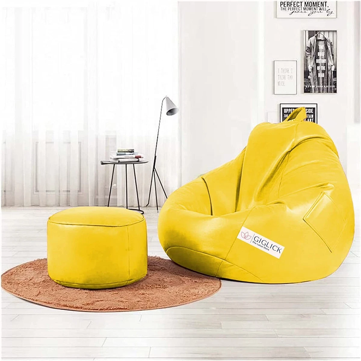 Yellow Bean Bag Cover Chair with Footrest Cover Without Beans XXXL