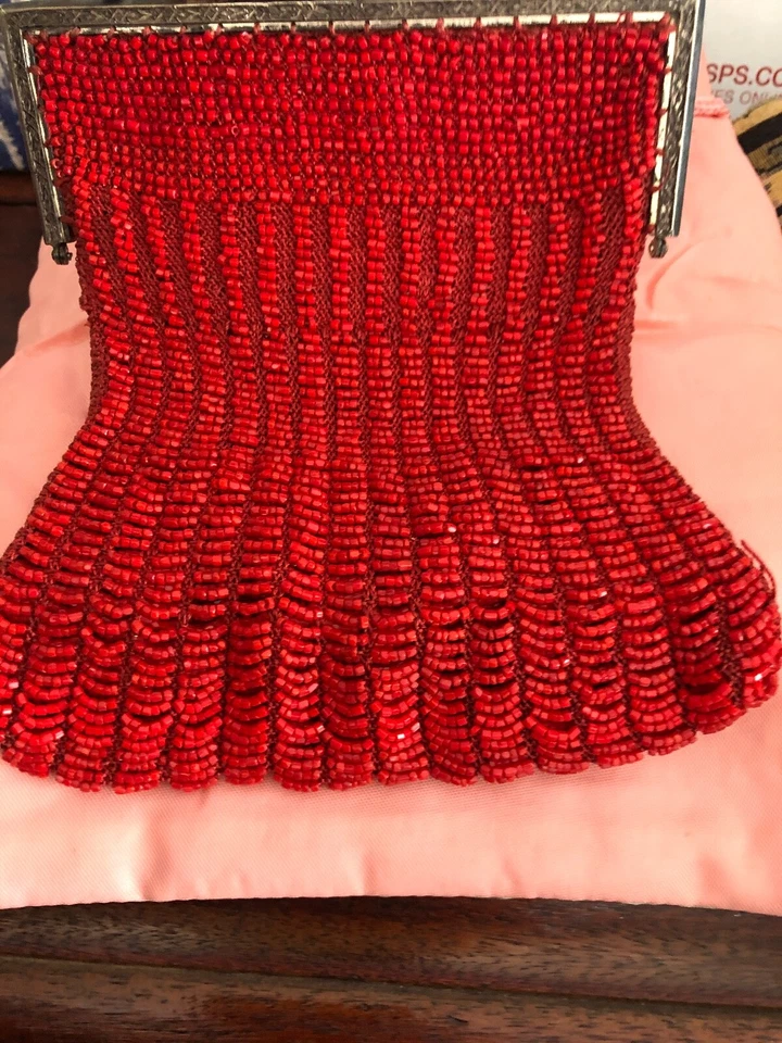 Антикварная сумочка с бисером оранжевая красная металлическая рама с цепной ручкой высотой 7 дюймов - Изображение 3 из 4