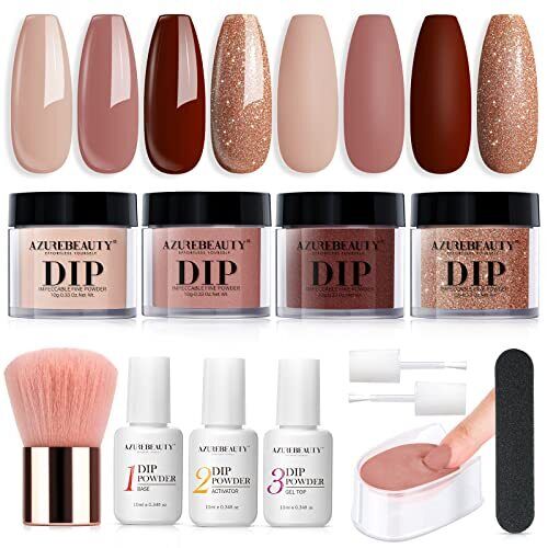 Dip Powder Nail Kit Starter, 4 Colors Skin Nude Brown Glitter, Acrylic Dippin...