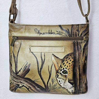 Anuschka Hand Painted Leopard Genuine Leather Purse Handbag with Crossbody