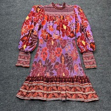 Farm Rio Purple Floral Smocked Mini Dress Long Sleeve High Neck XS 303775