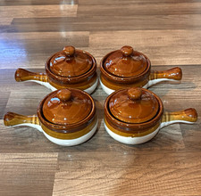 Set of 4 Brown  White Glossy Ceramic Round Soup Crocks w/ Lids  Handles