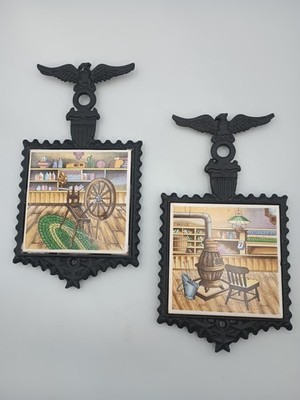 2 Vintage Japan Cast Iron & Tile Wall Decor Trivets Early American Design Eagle