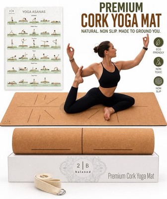 2B Balanced Premium Cork Yoga Mat Non Slip Eco Friendly Cork, Rubber Brown 6.5mm