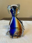 Vintage Murano Handblown Art Glass Clear Blue Amber Cat w Fish in Belly Figurine