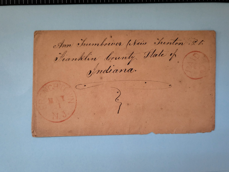 us postal history cover 1850s FRENCHTOWN N.J. PAID 3.,sent to State of Indiana