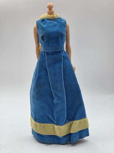 Vintage Barbie Clone Shillman? Doll Long Sleeveless Blue Yellow Velvety Dress