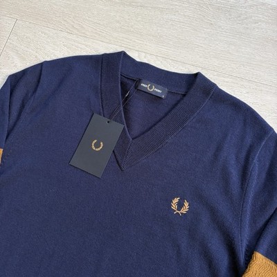 BNWT Fred perry V-Neck Tipped Jumper Long Sleeve Navy Mens Size Medium Mod