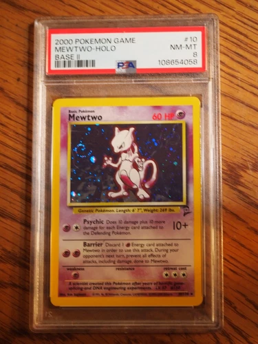 Pokemon 2000 Base 2 Mewtwo rare foil card, PSA 8 w/ swirl