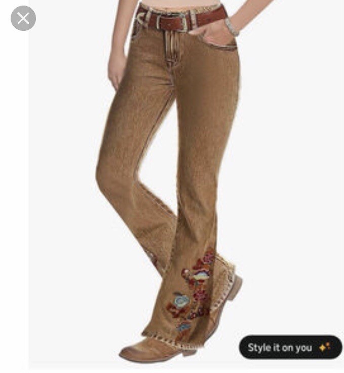 Flamingals Tan Light Brown FlareJeans w/ Embroidered Floral Western Cowgirl XL