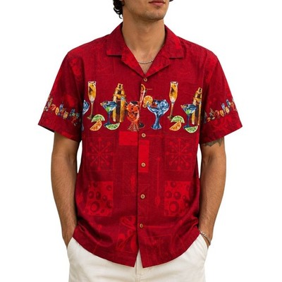 Paradise Found Mens Red Cocktail Aloha Shirt Rayon Made in Hawaii Large R-10