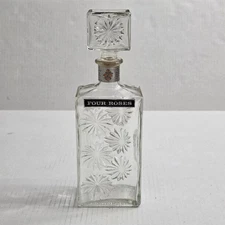 Vintage Four Roses Whiskey Bottle Decanter Sunburst Glass w Stopper 1940s 1950s