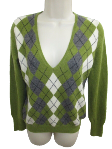 J Crew 100% Italian Cashmere Olive Green Argyle V-neck Sweater Size M - Picture 1 of 4