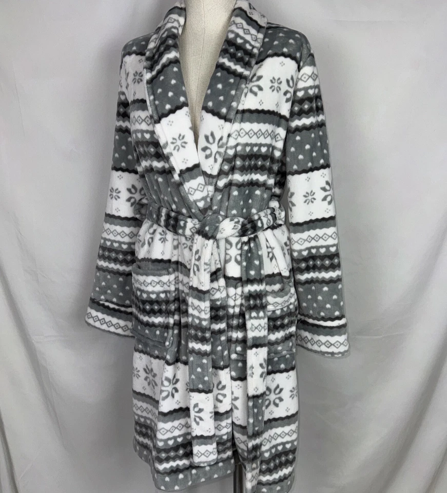 Nordstrom Lingerie Womens MEDIUM Soft Fleece Robe- Tribal Zig Zag Belt Tie - Image 3 of 4
