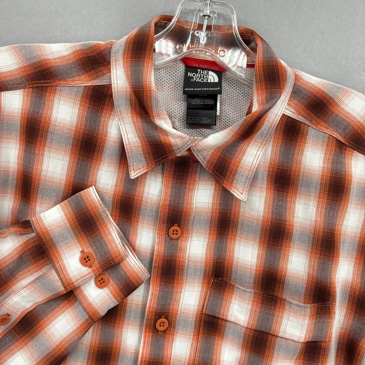The North Face Shirt Mens Medium Button Up Orange Plaid Shadow Fade Hiking LS