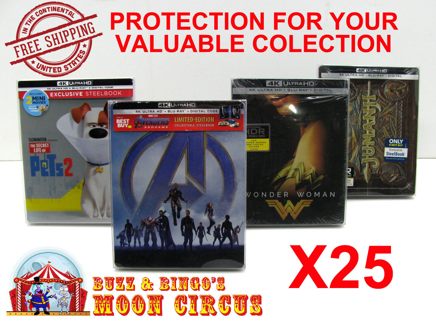 25x 4K UHD STEELBOOK WITH J-CARD (SIZE 4K4) -CLEAR PLASTIC BOX PROTECTORS SLEEVE