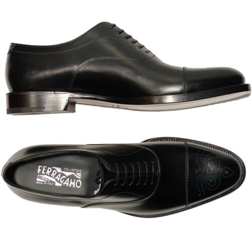 Neu Ferragamo Goya 11 EE Leder Captoe Brogue Oxford Herren schwarz elegante Schuhe - Bild 4 von 8