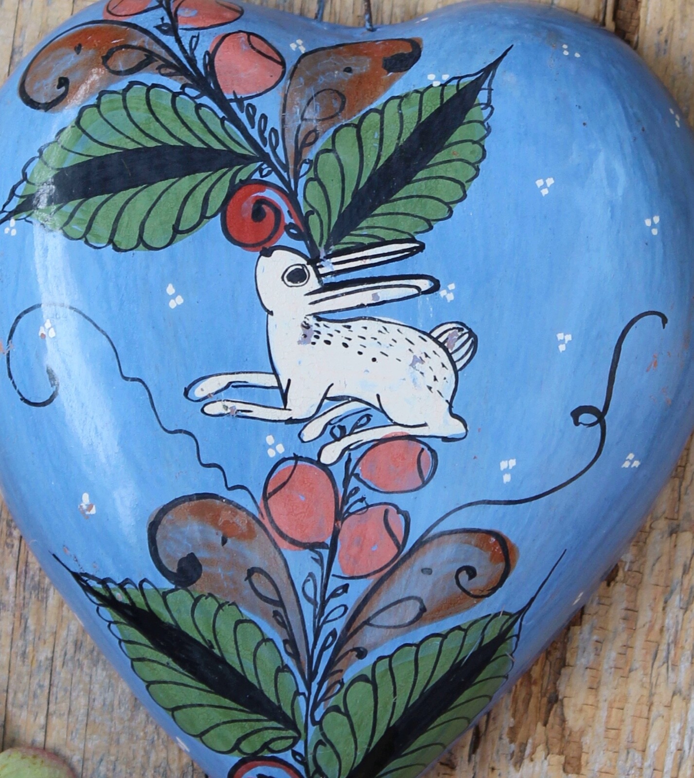 White Bunny Rabbit Vines Clay Heart Ornament Handmade by Medrano Mexico ...