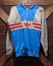 VTG adidas 1980s 1/4 ZIP HOOD SWEATSHIRT UK LICENSED PIECE RARE FLOCKED SZ 5'9"