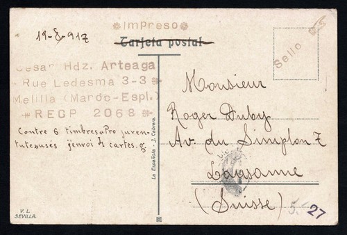 1917 Spanish Morocco Postcard – Melilla Panoramic View – Fiscal Stamp - Picture 3 of 3