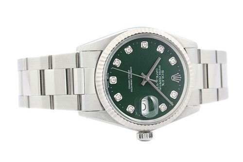 Rolex Mens Datejust 16014 18K White Gold Steel Green Diamond Dial Watch - Picture 8 of 8